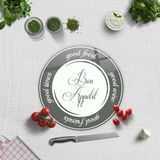 Decorita Cam Kesme Tahtası - Cam Kesme Tablası | Good Food - Beyaz Fon | Çap 32cm - Renkli