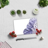 Decorita Cam Kesme Tahtası - Cam Kesme Tablası | Mor Yapraklar Beyaz Fon | 20cm x 30cm - 20 x 30 cm