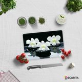 Decorıta Cam Kesme Tahtası| Siyah Fon Beyaz Orkideler