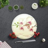 DECORITA Krem Orkide Desen| Cam Kesme Tahtası (Çap 32cm)
