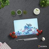 Decorita Mavi Çiçek ve Kelebek Desenli | Cam Kesme Tahtası - Cam Kesme Tablası | 20cm x 30cm - 20 x 30 cm