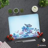 Decorita Mavi Çiçek ve Kelebek Desenli | Cam Kesme Tahtası - Cam Kesme Tablası | 30cm x 40cm - 30 x 40 cm