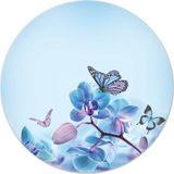 Decorita Mavi Çiçek Ve Kelebek Desenli | Cam Kesme Tahtası - Cam Kesme Tablası | Çap 32cm - 32 cm