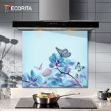 Decorita Mavi Çiçek ve Kelebek Desenli | Cam Ocak Arkası Koruyucu | 52cm x 60cm - 52 x 60 cm