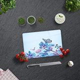 DECORITA Mavi Çiçek ve Kelebekler | Cam Kesme Tahtası (30cm x 40cm)