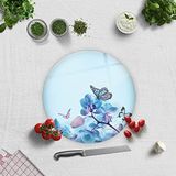 DECORITA Mavi Çiçek ve Kelebekler | Cam Kesme Tahtası (Çap 32cm)