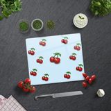 Decorita Mavi Dokulu Kiraz Desenli | Cam Kesme Tahtası - Cam Kesme Tablası | - 29 x 34 cm