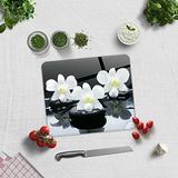 DECORITA Siyah Fon Beyaz Orkideler | Cam Kesme Tahtası (29cm x 34cm)