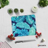 DecoritaMavi Tropik Yapraklar | Cam Kesme Tahtası - Cam Kesme Tablası | 29cm x 34cm - 29 x 34 cm