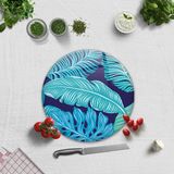 DecoritaMavi Tropik Yapraklar | Cam Kesme Tahtası - Cam Kesme Tablası | Çap 32 cm