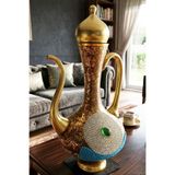 DECOSTYLE Saraylı Firuze Gold Yaldızlı Cam İbrik Sürahi, 34 cm, Dekoratif Lüks Osmanlı Sunum