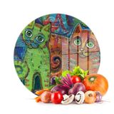 Decovetro Cam Kesme Tahtası ve Sunumluk Yuvarlak Kedi Desenli 30x30 Cm