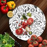 Decovetro Cam Kesme Tahtası Yuvarlak Karışık Beyaz Sebze Desenli 30X30 cm
