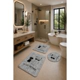 DECOVİST HOME Kaymaz Tabanlı Yıkanabilir 3’lü Yuvarlak Gri Banyo Paspası ve Klozet Takımı Kedi Desen Banyo Halısı