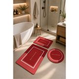 DECOVİST HOME Kaymaz Tabanlı Yıkanabilir 3’lü Yuvarlak Kırmızı Banyo Paspası ve Klozet Takımı – Banyo Halısı