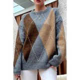 Ded Collection Kadın Baklava Desenli Rahat Kesim Yumuşak Dokulu Triko Kazak - Kahverengi