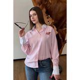 Ded Collection Kadın Beyaz Çizgili Göğüs Nakışlı Manşet ve Yakası Beyaz Trend Gömlek - 01P-Pembe