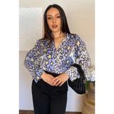 Ded Collection Kadın Beyaz Yıldız Desenli Parlak Uzun Kol Saten Kumaş Gömlek - 1BW-Mavi