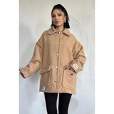 Ded Collection Kadın Cep Kapaklı Düğme Detaylı Yumoş Kumaş Astarlı Teddy Tarz Oversize Kaban Ceket - Bej