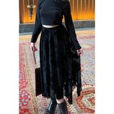 Ded Collection Kadın Çiçek Desenli Flok Baskılı Asimetrik Kesim Midi Tül Etek - 02S-Siyah - XL