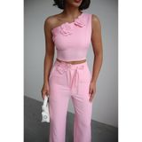 Ded COLLECTION Kadın Çiçek Detaylı Tek Omuz Crop Bluz & Yüksek Bel Bol Paça Pantolon Takım