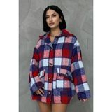 Ded Collection Kadın Ekose Desenli Yumoş Kumaş Oversize Astarlı Kaban Ceket - Mavi