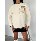 Ded Collection Kadın Göğüs Çiçek Nakışlı Triko Tunik - Krem