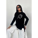 Ded Collection Kadın Göğüs Çiçek Nakışlı Triko Tunik - Siyah
