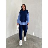 Ded Collection Kadın Mavi Beyaz Çizgili Modern Tasarım Uzun Kollu Gömlek Detaylı Sweatshirt Modal Takım