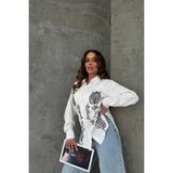 Ded Collection Kadın Nakışlı Keten Oversize Uzun Kollu Gömlek - 001 - Beyaz