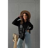 Ded Collection Kadın Nakışlı Keten Oversize Uzun Kollu Gömlek - 002-Siyah