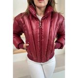 Ded Collection Kadın Parlak Kumaş Kısa Boy Yüksek Yaka Fermuarlı Trend Şişme Mont - 239-Bordo