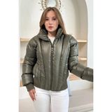 Ded Collection Kadın Parlak Kumaş Kısa Boy Yüksek Yaka Fermuarlı Trend Şişme Mont - 301-Haki