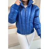 Ded Collection Kadın Parlak Kumaş Kısa Boy Yüksek Yaka Fermuarlı Trend Şişme Mont - 471-Mavi