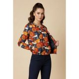 Ded Collection Kadın Renkli Floral ve Etnik Desenli Fermuarlı Scuba Bomber Ceket - Turuncu