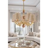 Dede Beş Kollu Ahşaplı Eskitme Zamak Metal Döküm Avize Kahverengi Rattan Hasır Şapkalı 70x52 cm