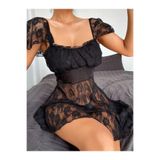 dedo Kadın Düşük Omuzlu Dantel Fantazi Mini Gecelik, Siyah, L/XL Beden