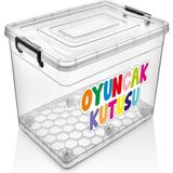 Deembro Oyuncak Saklama Kutusu 20 Lt Düzenleyici Çocuk Odası Dolap Içi Kilitli Baskılı Oyuncak Saklama Kabı büyük boy - Bej