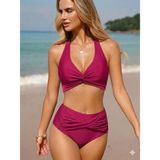 Deep Beach Triangle Twist toparlayıcı yüksek bel Bikini Takım - 38 - Fuşya