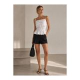 DEEP FAIR Kadın Beyaz İnce Askılı Fırfır Detaylı Lastikli Bel Peplum Dokuma Bluz CM26BZ00773