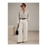 DEEP FAIR Kadın Beyaz Siyah Puantiyeli Fırfır Yaka Uzun Kollu Oversize Dokuma Bluz CM26BZ00130
