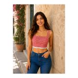 DEEP FAIR Kadın Kırmızı Pötikare Desenli Kare Yaka Askılı Crop Dokuma Bluz CM26BZ0979
