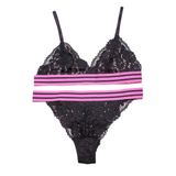 Deep Secret Siyah Pembe Çizgili Lastikli Full Dantel Bralet Takım DS20095BRT - XL - Siyah - Pembe