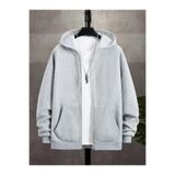 Deep sense Erkek Gri Kapüşonlu Fermuarlı Sweatshirt Kışlık Okul Hırkası Şardonlu Baskısız