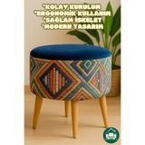 DEEPHOME DH Albatros Retro Gürgen Ahşap Ayaklı Dekoratif Etnik Üst Lacivert Desenli Silindir Puf Bench Koltuk