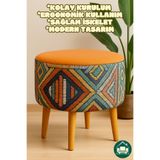 DEEPHOME DH Albatros Retro Gürgen Ahşap Ayaklı Dekoratif Etnik Üst Turuncu Desenli Silindir Puf Bench Koltuk