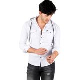 DeepSEA Beyaz Kapüşonlu Likralı Kot Gömlek – Slim Fit Çıt Çıt Kapamalı Erkek Gömlek 2300396