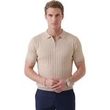 Deepsea Erkek Bej Polo Yaka Fermuarlı Çizgi Dokulu Regular Fit Likralı Triko Tişört 2608008