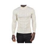 Deepsea Erkek Bej Slim Fit Likralı Tüylenme Yapmayan Yarım Balıkçı Çizgili Triko Yarım Boğazlı Kazak 2505503 Bej