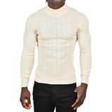 DeepSEA Erkek Bej Yarım Balıkçı Yaka Kazak Çizgi Desenli Tüylenmeyen Slim Fit Triko 2505491